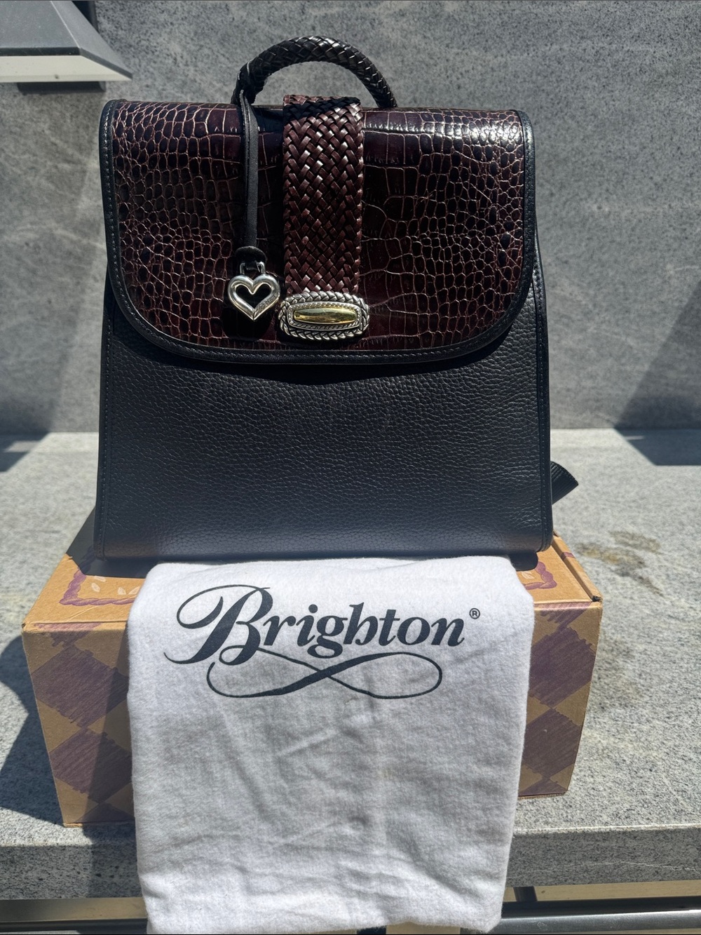 Vintage Brighton Black and Dark Brown Croc-Accent Leather Backpack - never used